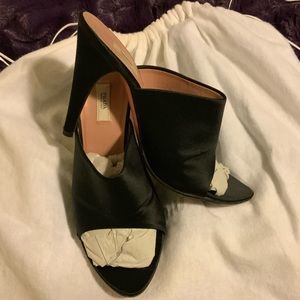 Prada black satin heels size 37 EUC 4.25 inch heel